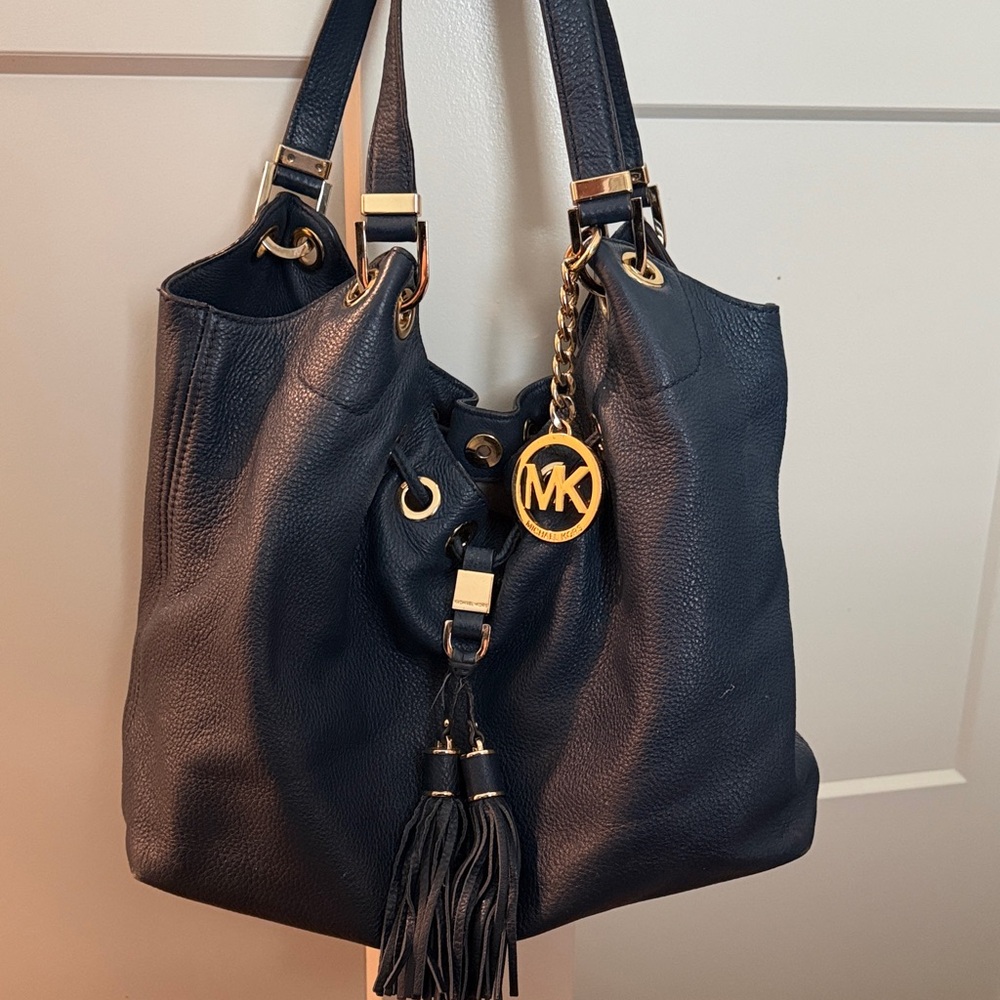 Michael Kors Dark Blue Shoulder Bag with Gold Accents